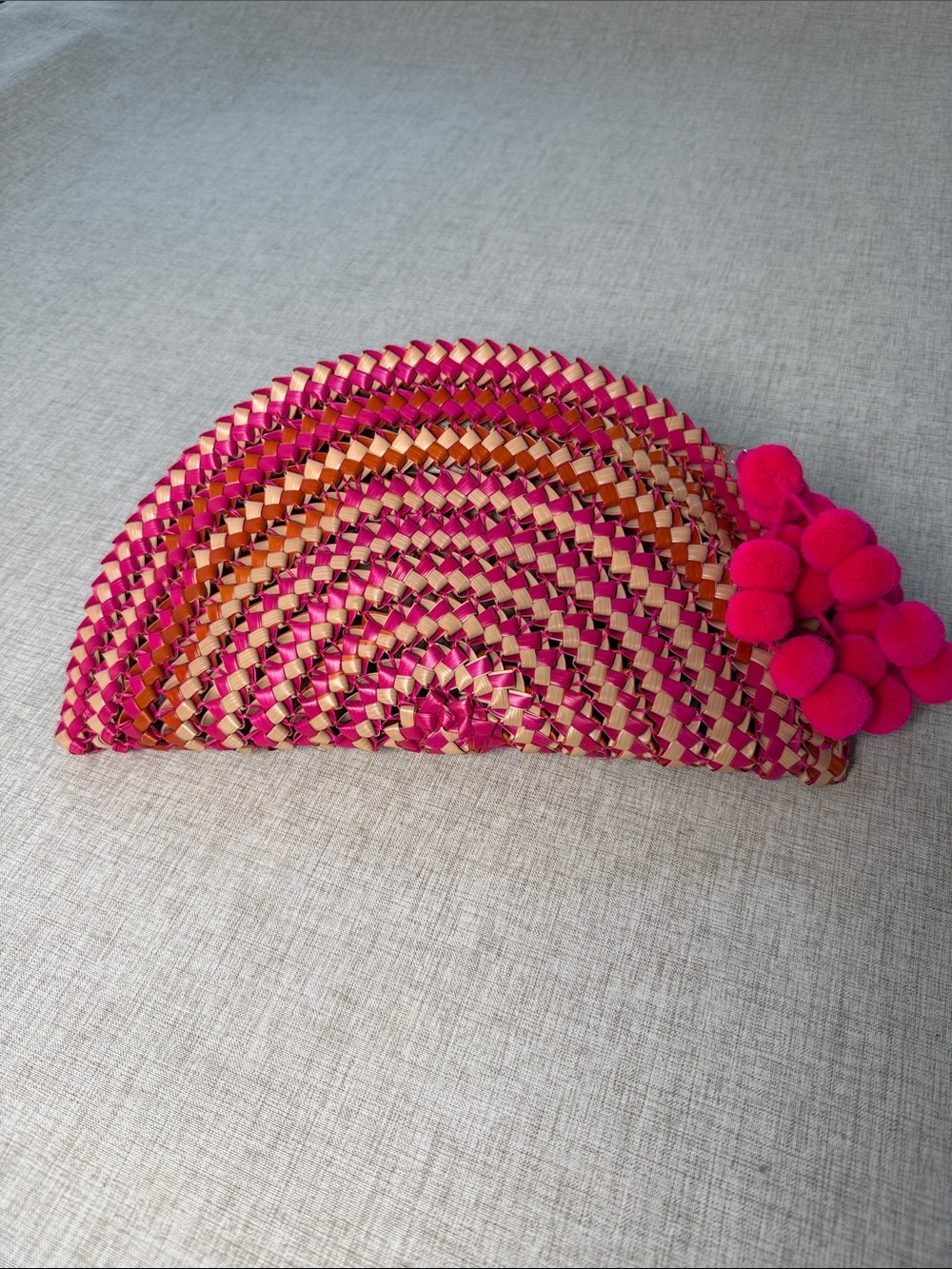 NANNACAY Clutch Half Moon‎ Woven Straw Pink Pom Pom Dopaine Summer Beach Resort